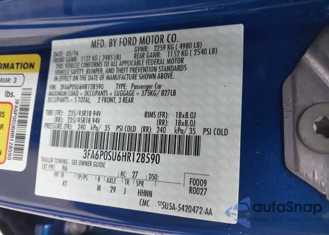 2017 Ford Fusion Energi Titanium из США, поврежденный, VIN 3FA6P0SU6HR128590